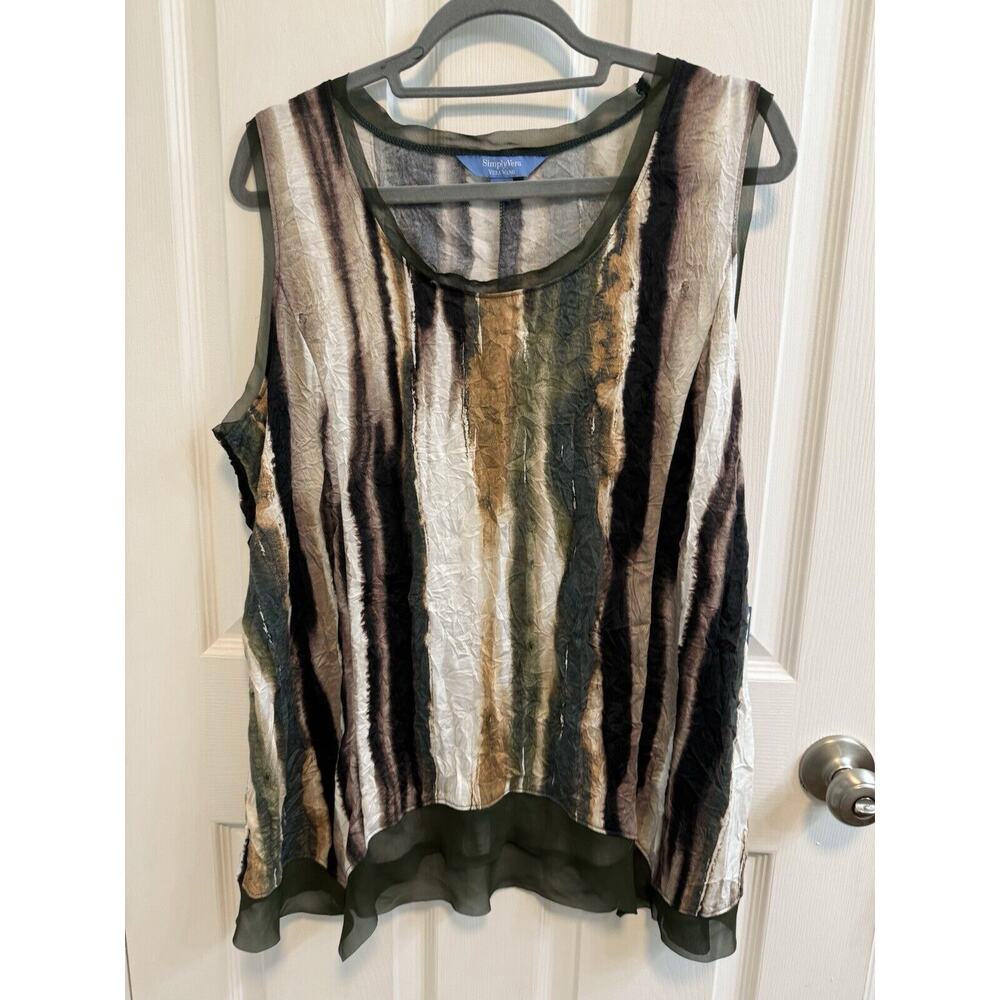 Simply Vera Wang XL Crinkle Top Black Brown Sleeveless Sheer Detail New
